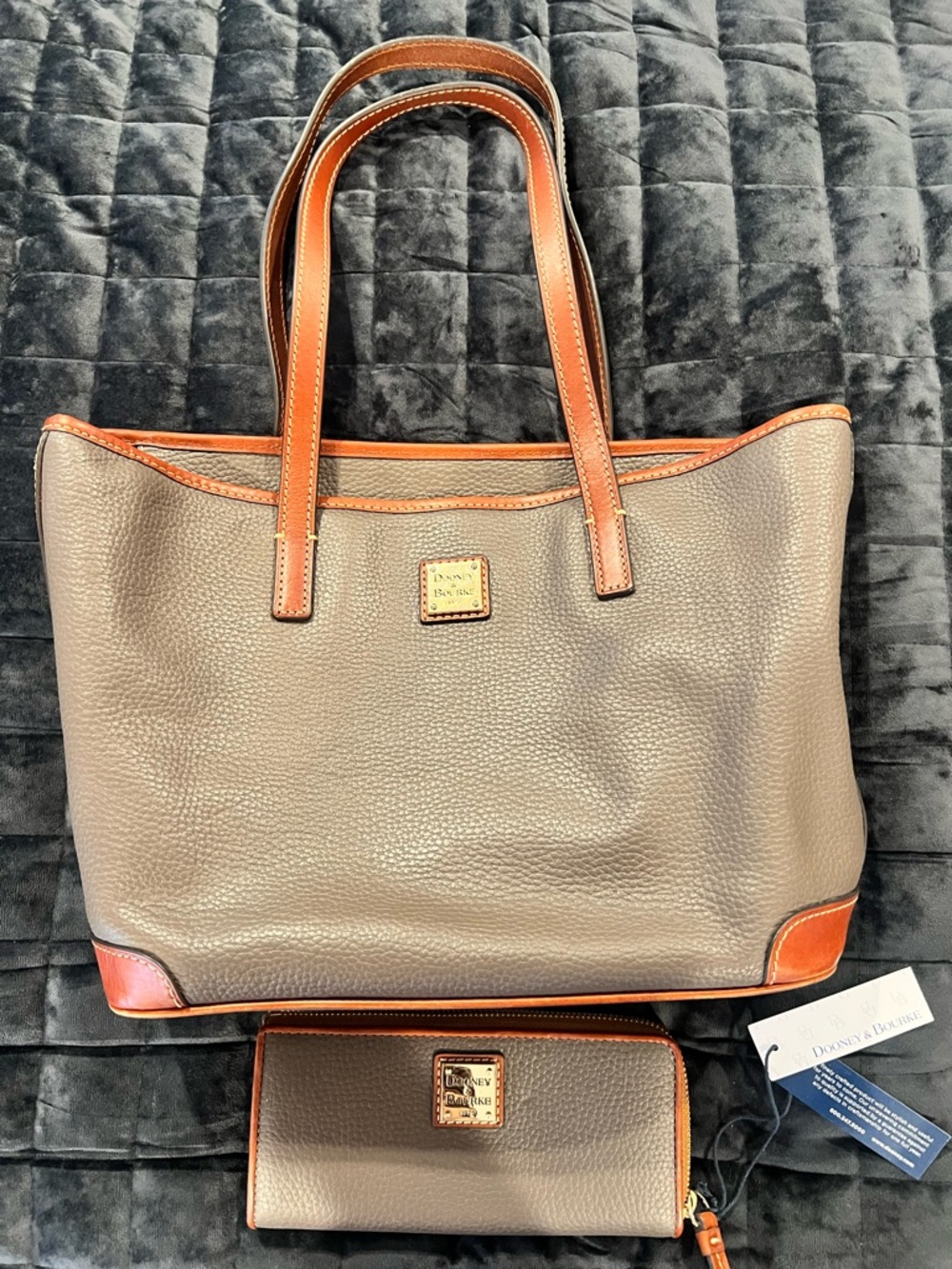 Dooney & Bourke Brown Pebble Leather Tote with Tan Trim with matching wallet